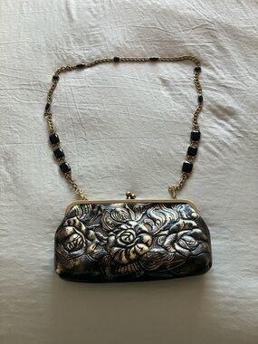 Patricia Nash Gold and Black Embossed Floral Evening Clutch with Chain